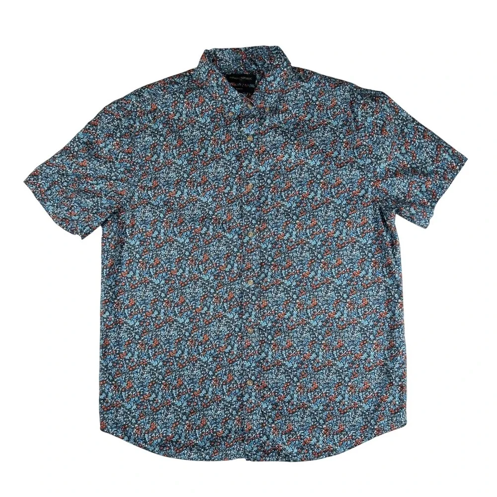 Banana Republic Mens Slim Fit SS Oxford Floral Button Down Shirt Blue Orange L